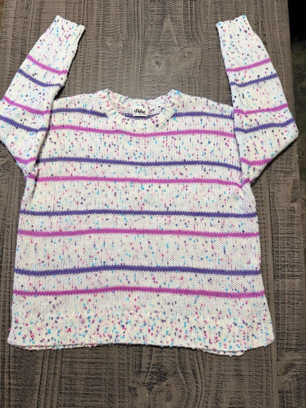 Pulse Cream White Knit Sweater with Pink and Purple Stripes